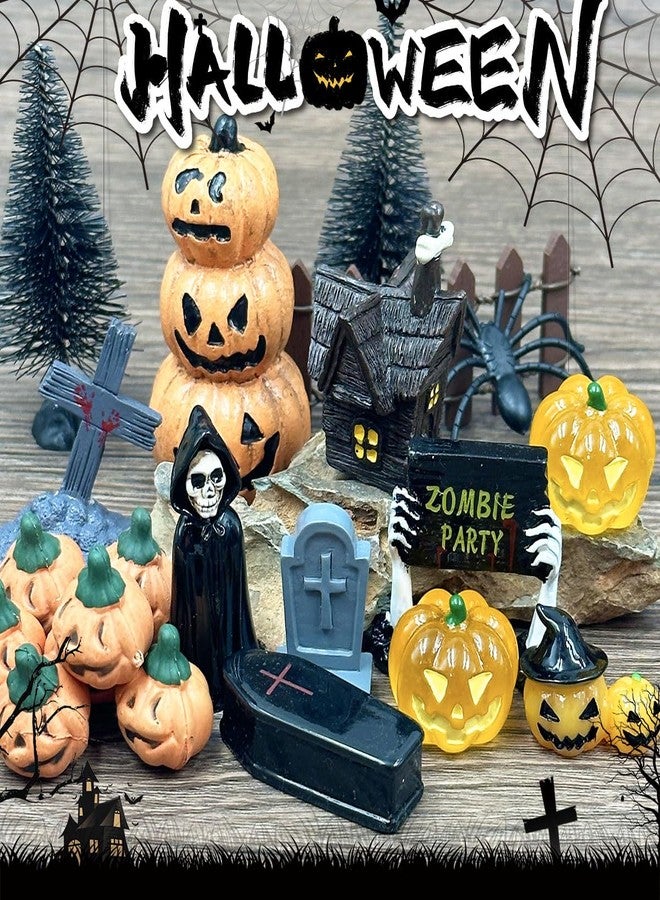 Suartus Halloween Village Accessories Ornaments - 46Pcs Miniature Pumpkin Skeleton Tombstones Spider Pinetrees Figurines Resin Horror Village Mini Halloween Figurines for Hallowmas Town Party Decor - Image 4